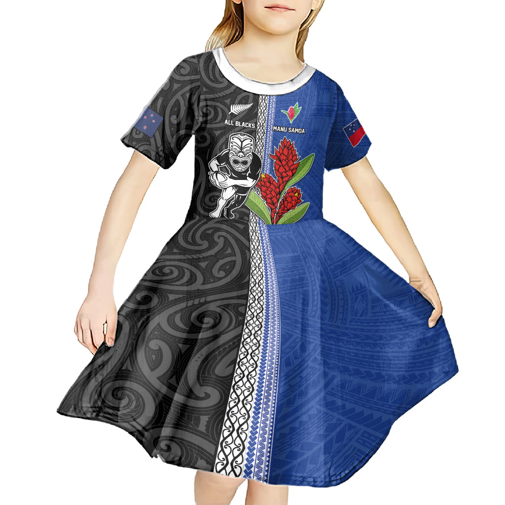 Custom Samoa and New Zealand Rugby Kid Short Sleeve Dress Teuila Samoan and Maori Warrior LT03 - Polynesian Pride