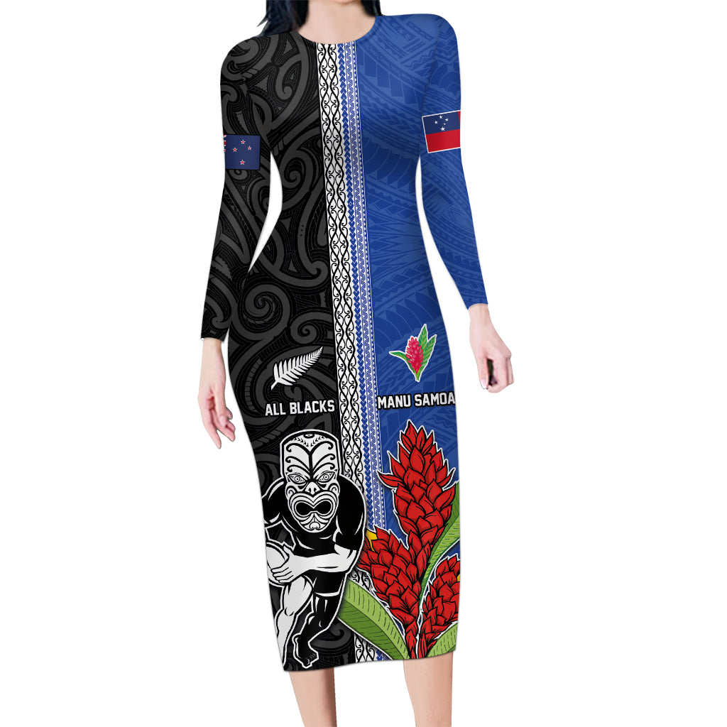 Custom Samoa and New Zealand Rugby Long Sleeve Bodycon Dress Teuila Samoan and Maori Warrior LT03 Long Dress Black - Polynesian Pride