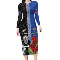 Custom Samoa and New Zealand Rugby Long Sleeve Bodycon Dress Teuila Samoan and Maori Warrior LT03 Long Dress Black - Polynesian Pride