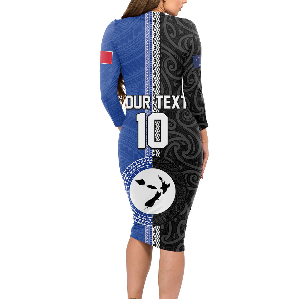 Custom Samoa and New Zealand Rugby Long Sleeve Bodycon Dress Teuila Samoan and Maori Warrior LT03 - Polynesian Pride