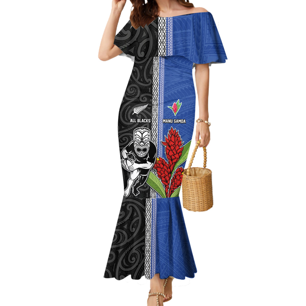 Custom Samoa and New Zealand Rugby Mermaid Dress Teuila Samoan and Maori Warrior LT03 Women Black - Polynesian Pride