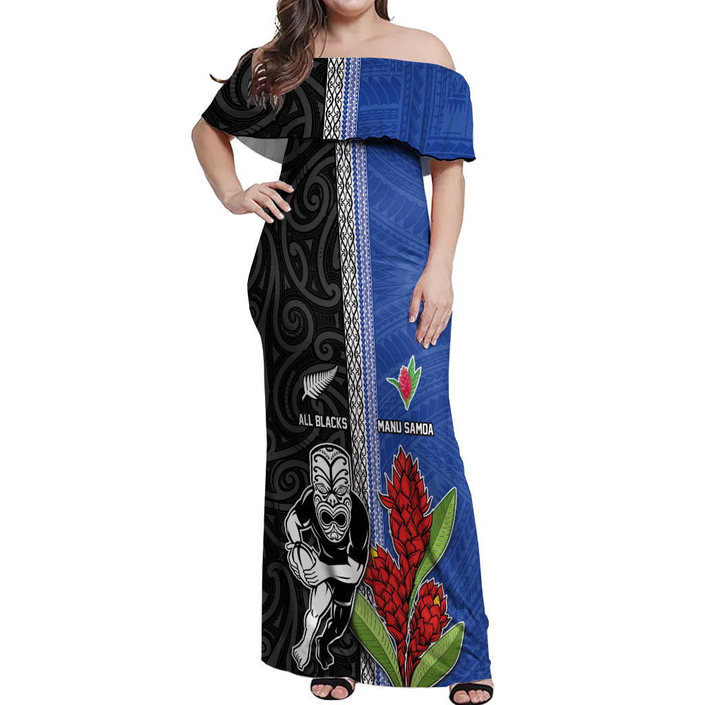 Custom Samoa and New Zealand Rugby Off Shoulder Maxi Dress Teuila Samoan and Maori Warrior LT03 Women Black - Polynesian Pride