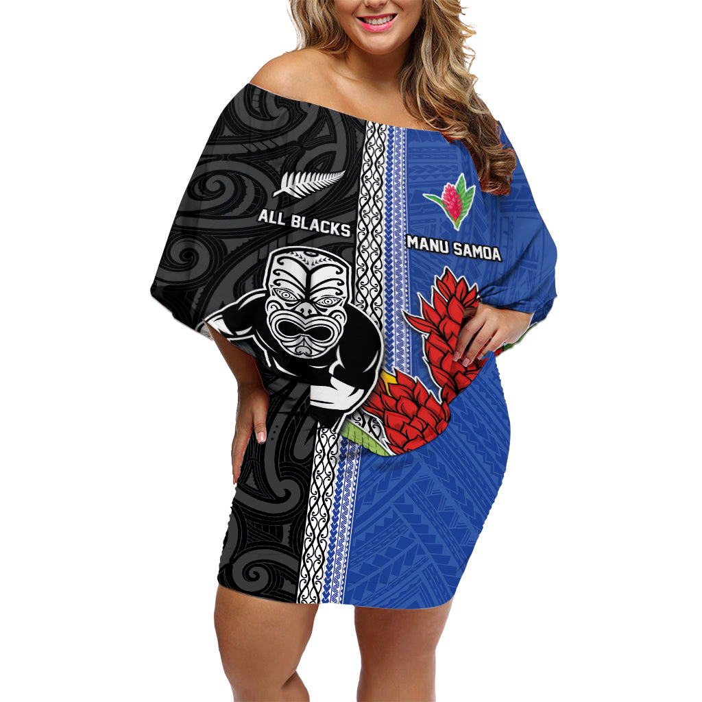 Custom Samoa and New Zealand Rugby Off Shoulder Short Dress Teuila Samoan and Maori Warrior LT03 Women Black - Polynesian Pride