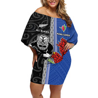 Custom Samoa and New Zealand Rugby Off Shoulder Short Dress Teuila Samoan and Maori Warrior LT03 Women Black - Polynesian Pride