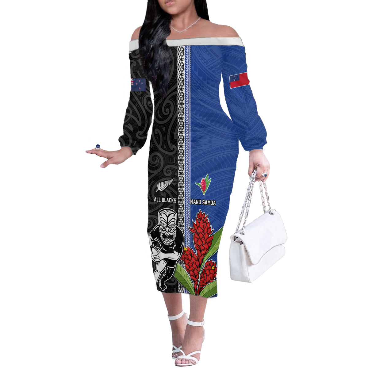 Custom Samoa and New Zealand Rugby Off The Shoulder Long Sleeve Dress Teuila Samoan and Maori Warrior LT03 Women Black - Polynesian Pride