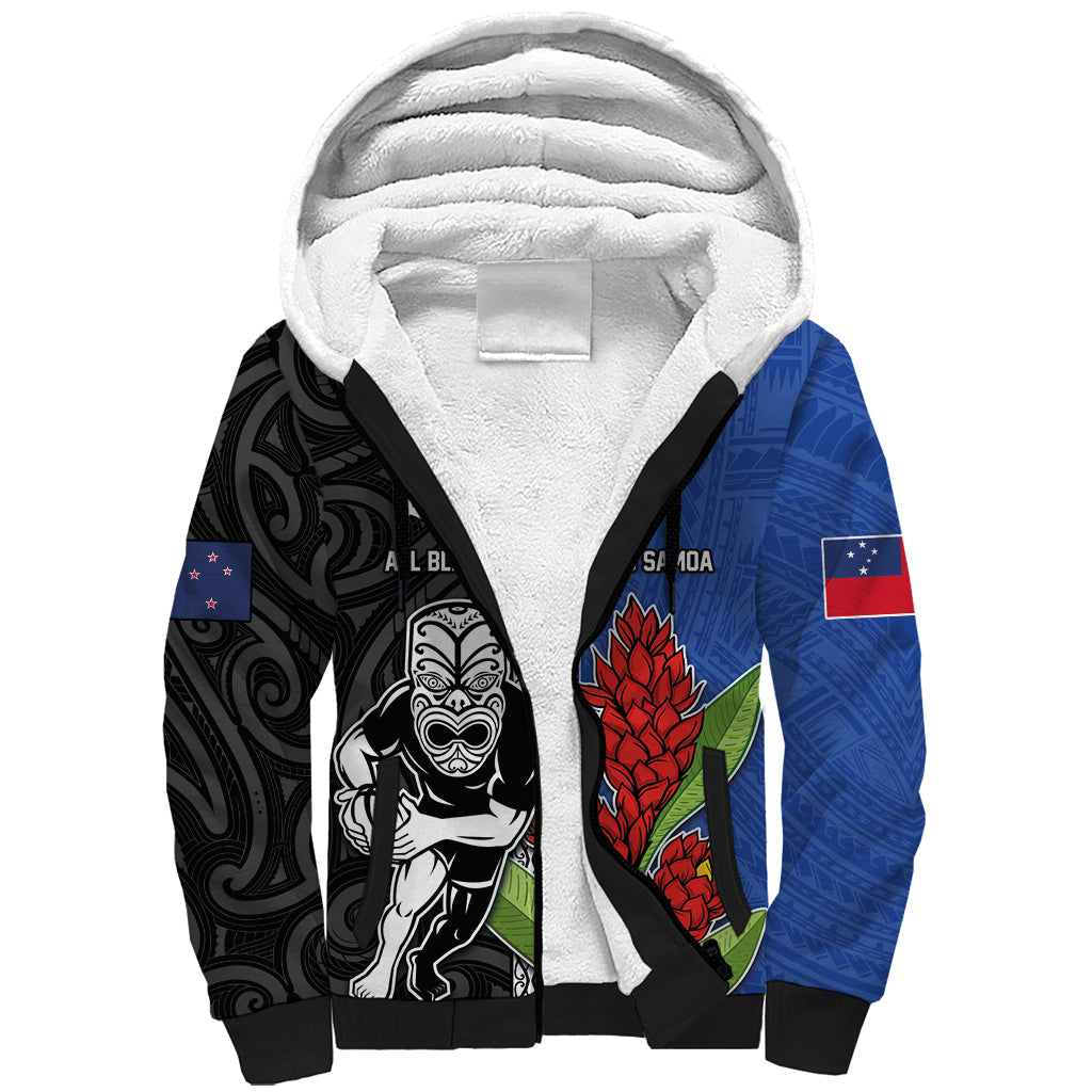 Custom Samoa and New Zealand Rugby Sherpa Hoodie Teuila Samoan and Maori Warrior LT03 Unisex Black - Polynesian Pride