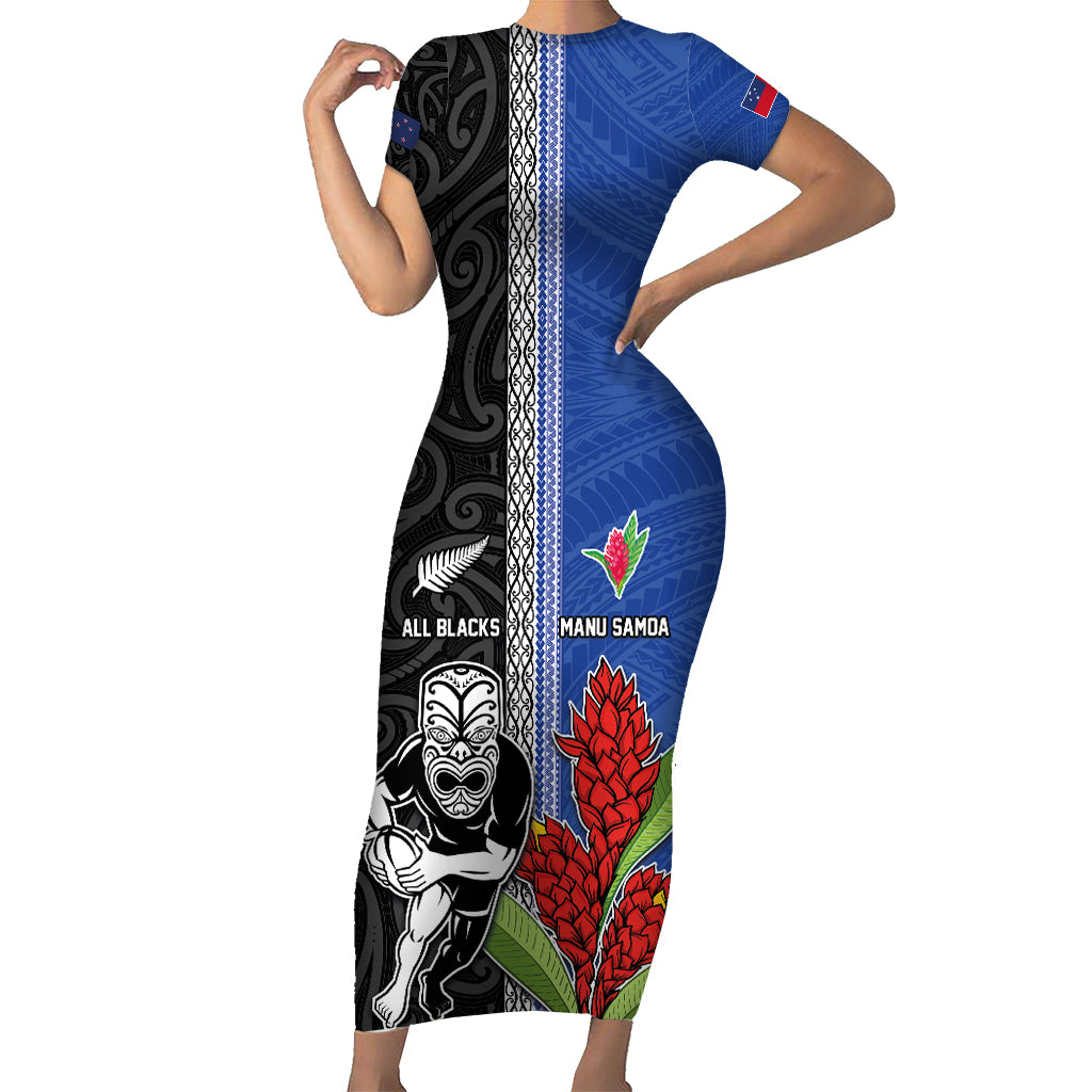 Custom Samoa and New Zealand Rugby Short Sleeve Bodycon Dress Teuila Samoan and Maori Warrior LT03 Long Dress Black - Polynesian Pride