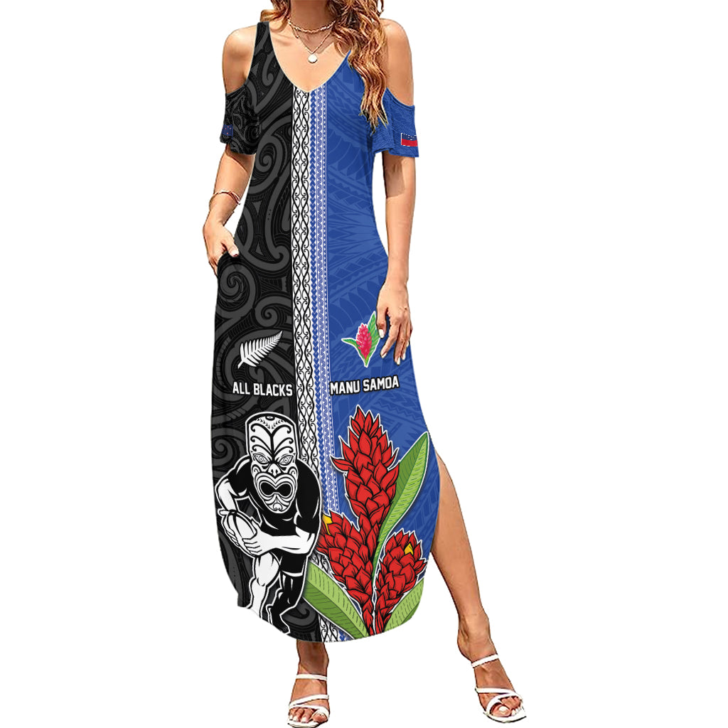 Custom Samoa and New Zealand Rugby Summer Maxi Dress Teuila Samoan and Maori Warrior LT03 Women Black - Polynesian Pride