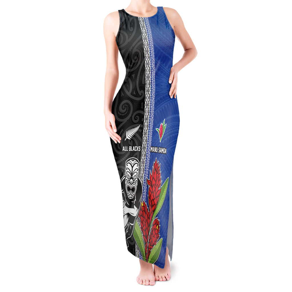 Custom Samoa and New Zealand Rugby Tank Maxi Dress Teuila Samoan and Maori Warrior LT03 Women Black - Polynesian Pride