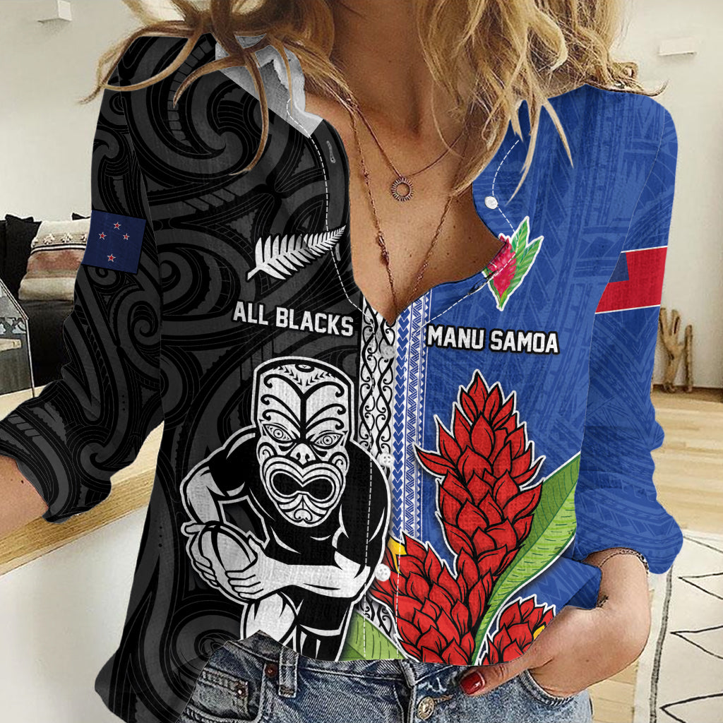 Custom Samoa and New Zealand Rugby Women Casual Shirt Teuila Samoan and Maori Warrior LT03 Female Black - Polynesian Pride