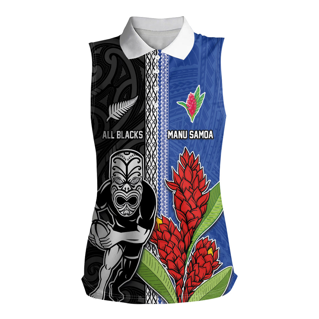 Custom Samoa and New Zealand Rugby Women Sleeveless Polo Shirt Teuila Samoan and Maori Warrior LT03 Female Black - Polynesian Pride