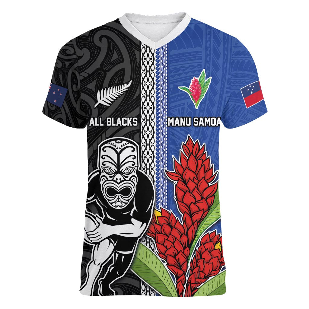 Custom Samoa and New Zealand Rugby Women V-Neck T-Shirt Teuila Samoan and Maori Warrior LT03 Female Black - Polynesian Pride