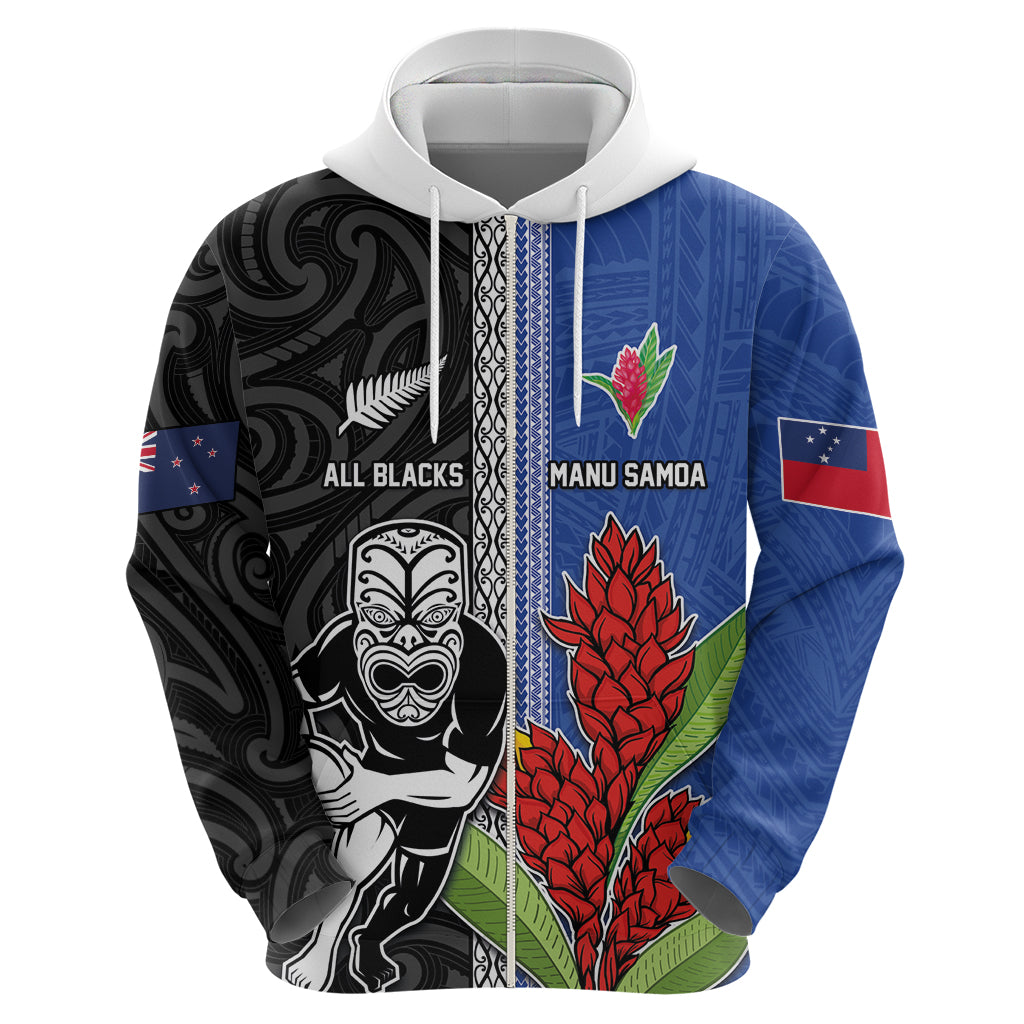Custom Samoa and New Zealand Rugby Zip Hoodie Teuila Samoan and Maori Warrior LT03 - Polynesian Pride