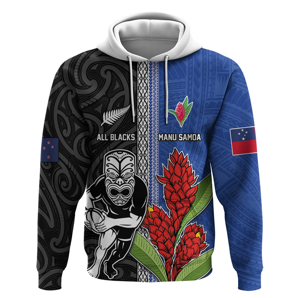 Custom Samoa and New Zealand Rugby Zip Hoodie Teuila Samoan and Maori Warrior LT03 Pullover Hoodie Black - Polynesian Pride