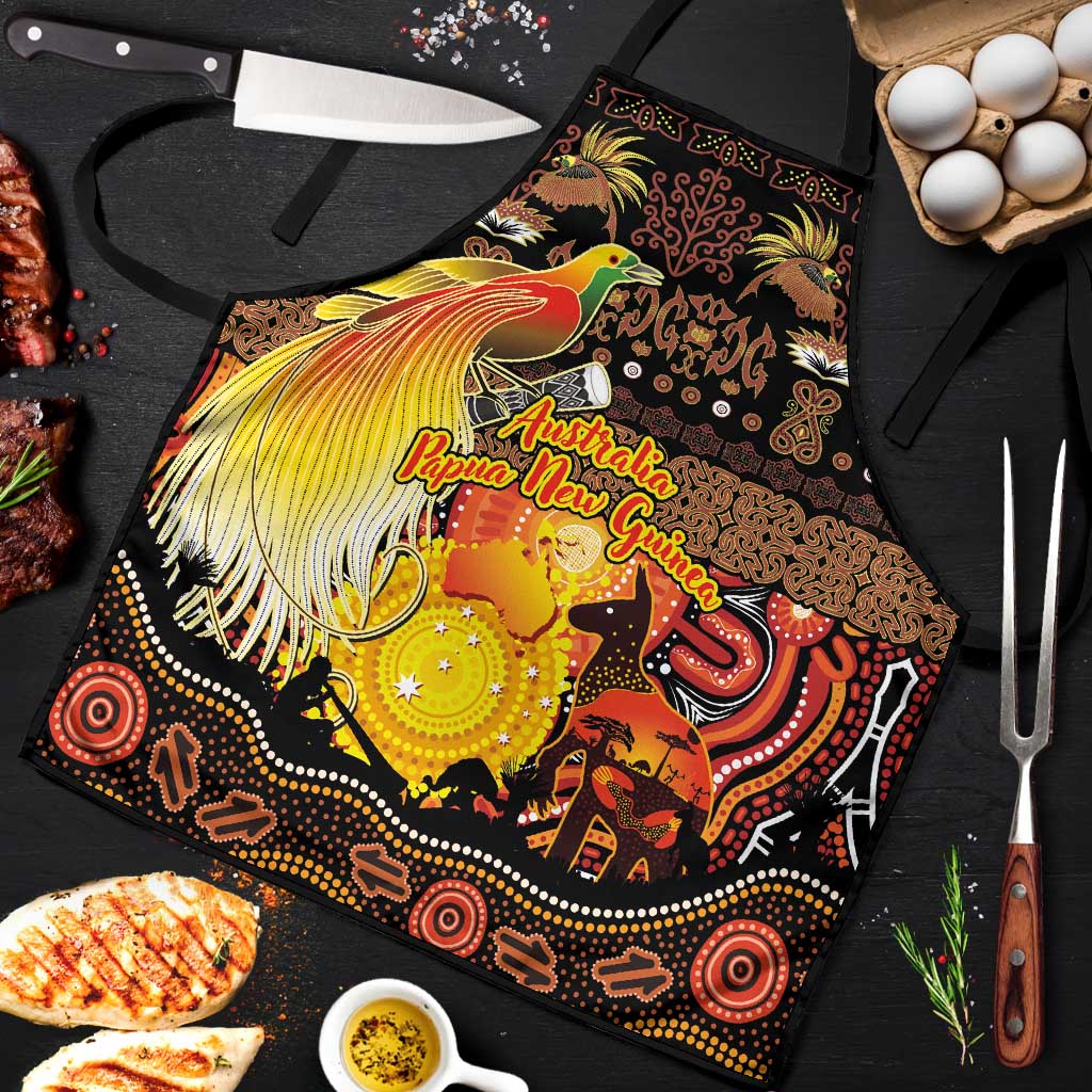 Australia and Papua New Guinea Together Apron Kangaroo Aboriginal Art and Bird-of-paradise Oro Tribal Motifs LT03 Black - Polynesian Pride