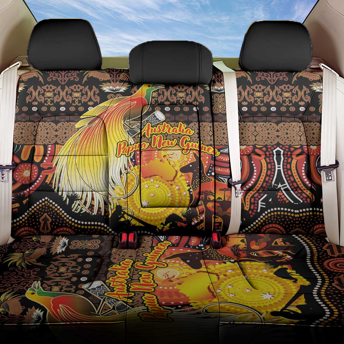 Australia and Papua New Guinea Together Back Car Seat Cover Kangaroo Aboriginal Art and Bird-of-paradise Oro Tribal Motifs - Polynesian Pride