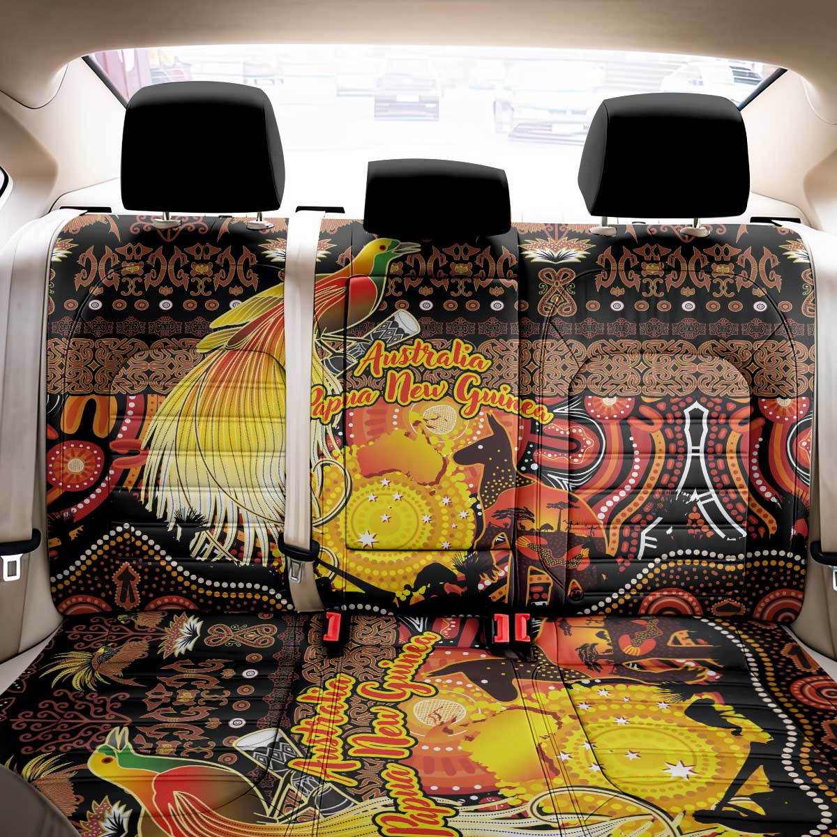 Australia and Papua New Guinea Together Back Car Seat Cover Kangaroo Aboriginal Art and Bird-of-paradise Oro Tribal Motifs LT03 - Polynesian Pride