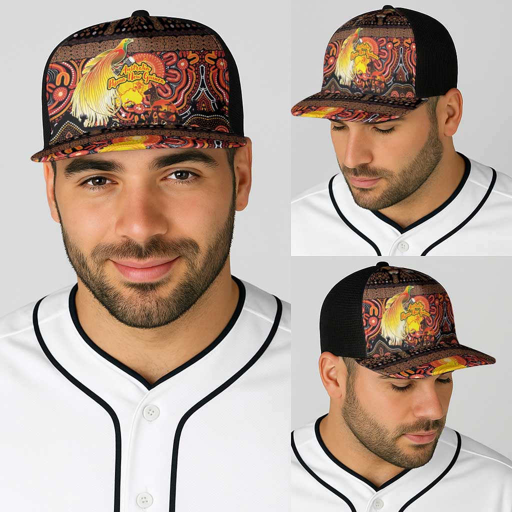 Australia and Papua New Guinea Together Baseball Net Cap Kangaroo Aboriginal Art and Bird-of-paradise with Oro Tribal Motifs LT03 - Polynesian Pride