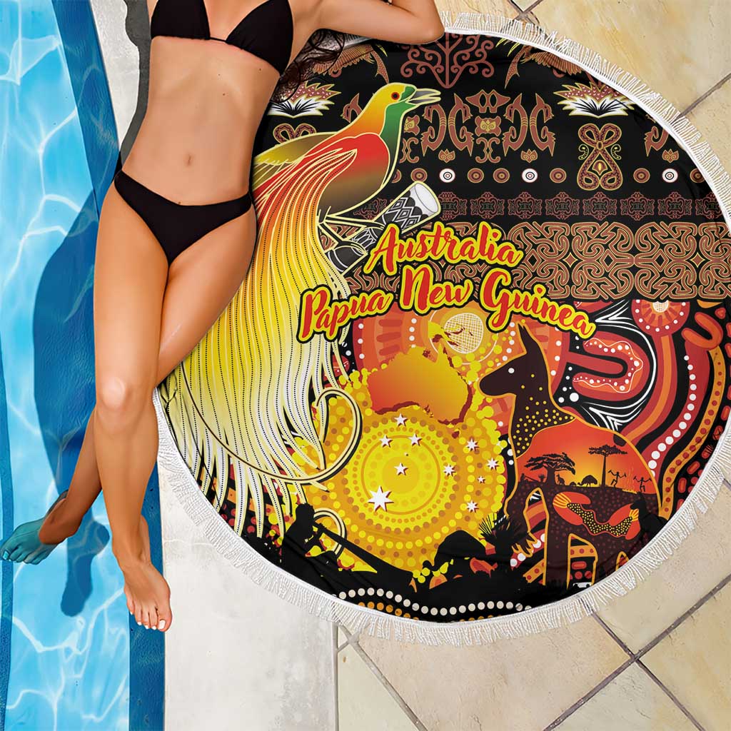 Australia and Papua New Guinea Together Beach Blanket Kangaroo Aboriginal Art and Bird-of-paradise Oro Tribal Motifs LT03 - Polynesian Pride