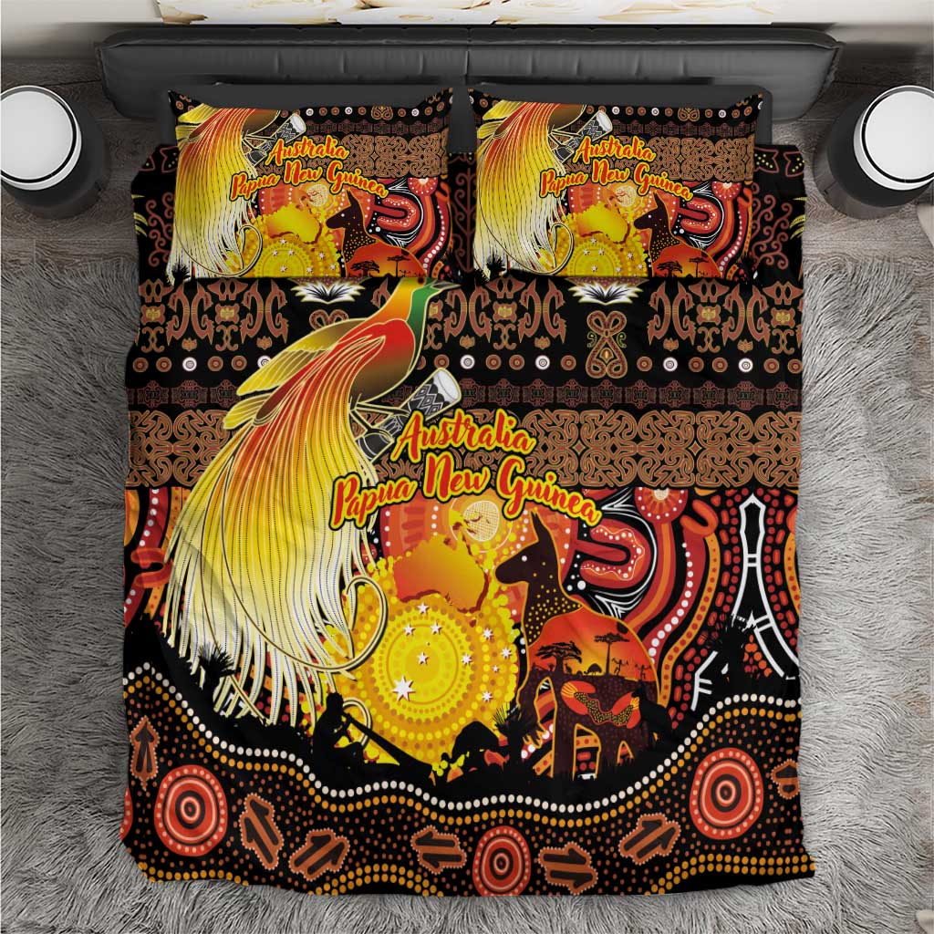 Australia and Papua New Guinea Together Bedding Set Kangaroo Aboriginal Art and Bird-of-paradise Oro Tribal Motifs LT03 Black - Polynesian Pride