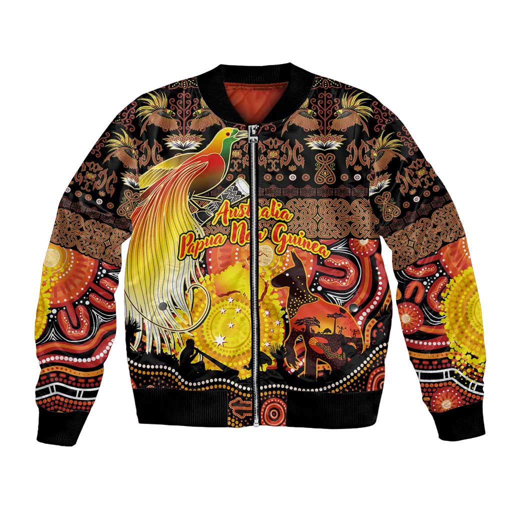 Personalized Australia and Papua New Guinea Together Bomber Jacket Kangaroo Aboriginal Art and Bird-of-paradise Oro Tribal Motifs LT03 Unisex Black - Polynesian Pride