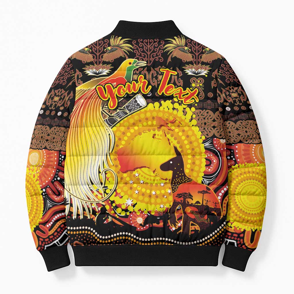 Personalized Australia and Papua New Guinea Together Bomber Puffer Jacket Kangaroo Aboriginal Art and Bird-of-paradise Oro Tribal Motifs LT03 - Polynesian Pride