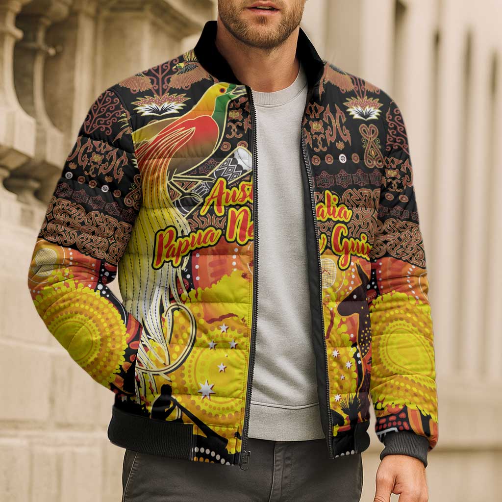 Personalized Australia and Papua New Guinea Together Bomber Puffer Jacket Kangaroo Aboriginal Art and Bird-of-paradise Oro Tribal Motifs LT03 - Polynesian Pride