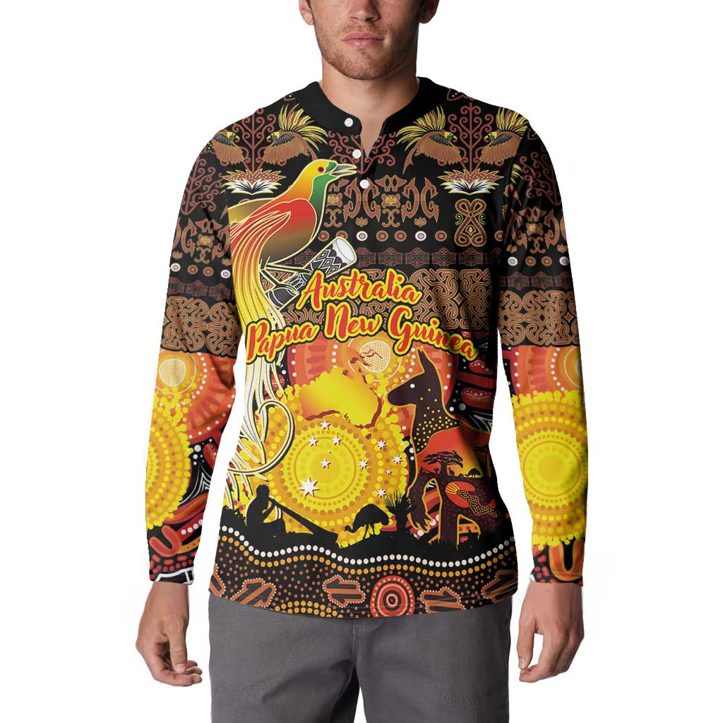 Personalized Australia and Papua New Guinea Together Button Sweatshirt Kangaroo Aboriginal Art and Bird-of-paradise Oro Tribal Motifs - Polynesian Pride