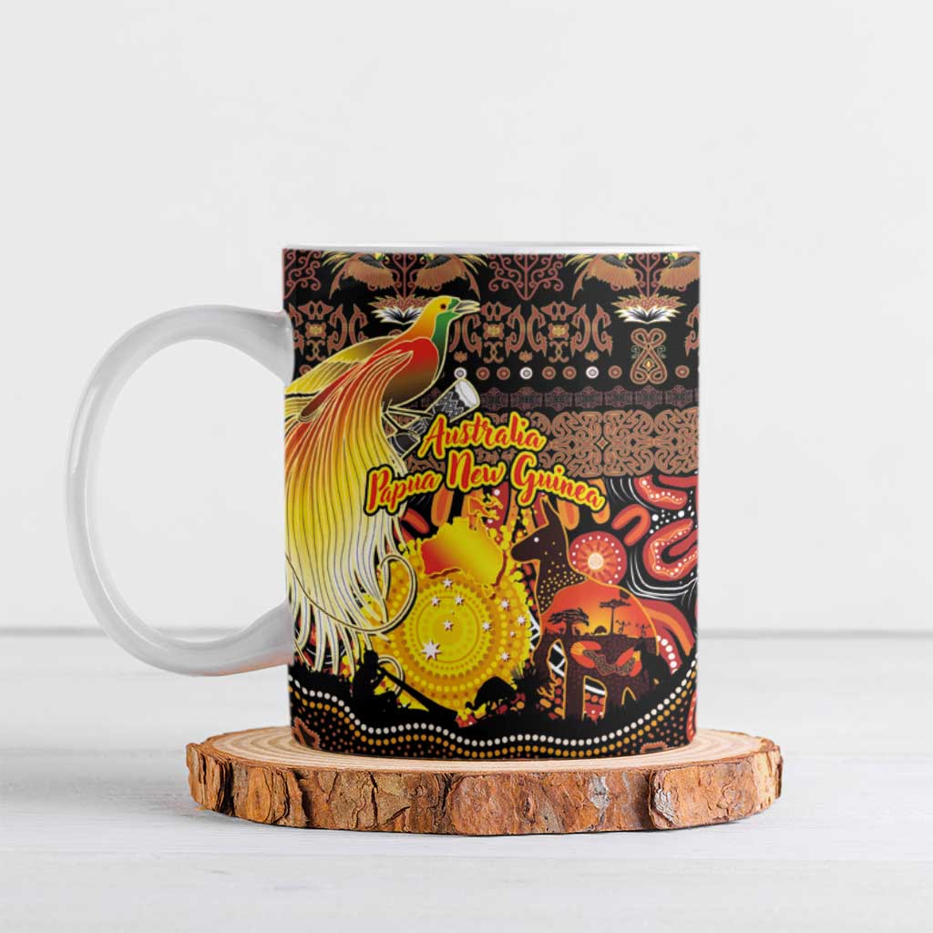 Personalized Australia and Papua New Guinea Together Ceramic Mug Kangaroo Aboriginal Art and Bird-of-paradise Oro Tribal Motifs LT03 Black - Polynesian Pride