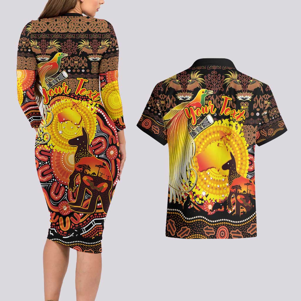 Personalized Australia and Papua New Guinea Together Couples Matching Long Sleeve Bodycon Dress and Hawaiian Shirt Kangaroo Aboriginal Art and Bird-of-paradise Oro Tribal Motifs - Polynesian Pride