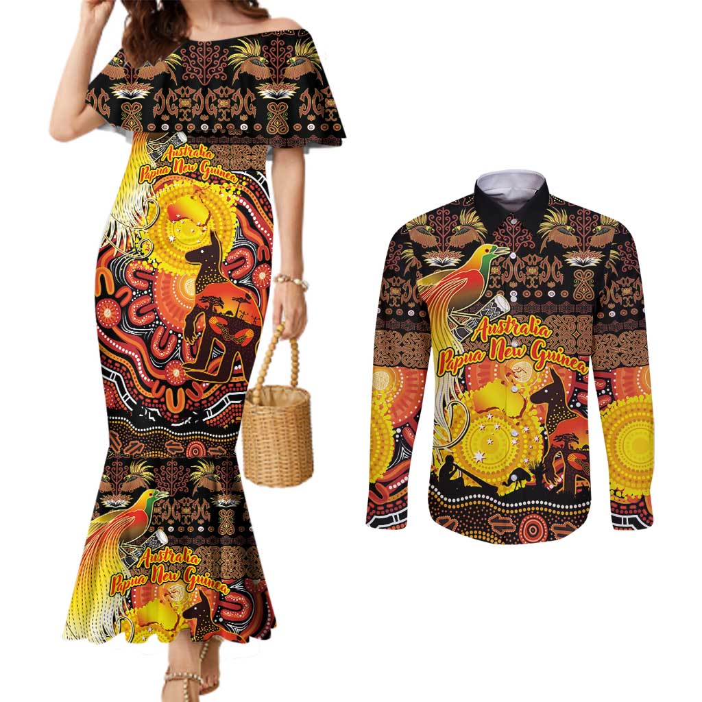 Personalized Australia and Papua New Guinea Together Couples Matching Mermaid Dress and Long Sleeve Button Shirt Kangaroo Aboriginal Art and Bird-of-paradise Oro Tribal Motifs - Polynesian Pride
