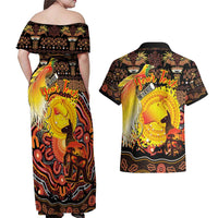 Personalized Australia and Papua New Guinea Together Couples Matching Off Shoulder Maxi Dress and Hawaiian Shirt Kangaroo Aboriginal Art and Bird-of-paradise Oro Tribal Motifs - Polynesian Pride