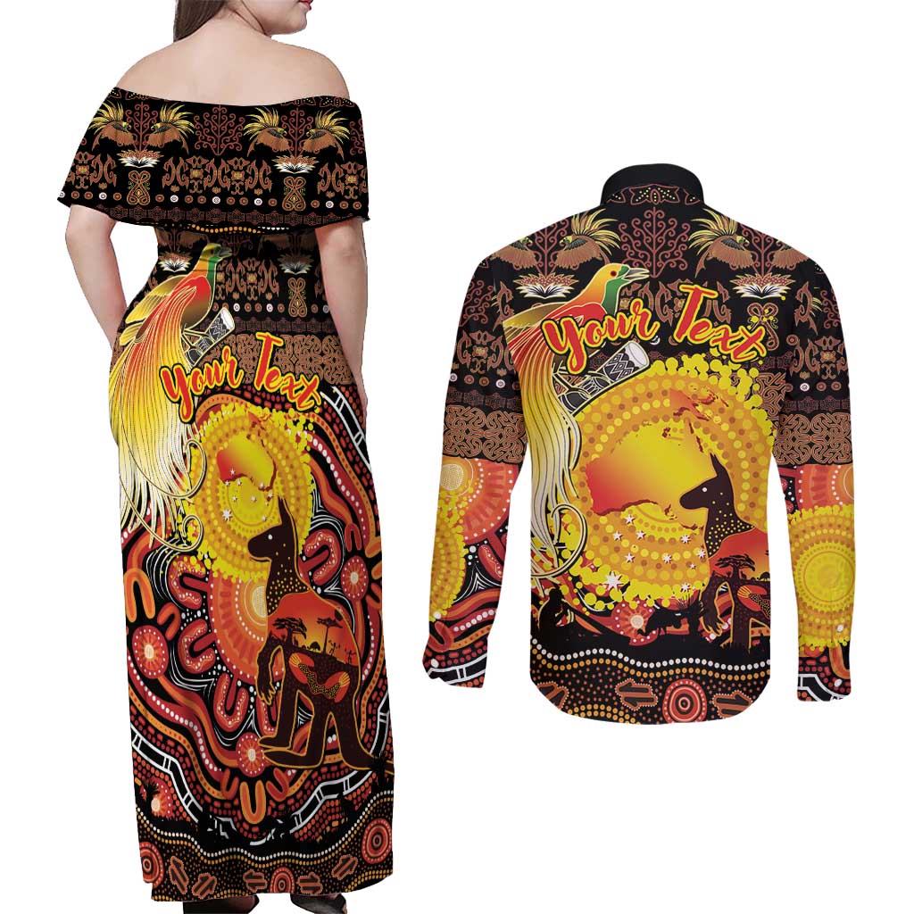 Personalized Australia and Papua New Guinea Together Couples Matching Off Shoulder Maxi Dress and Long Sleeve Button Shirt Kangaroo Aboriginal Art and Bird-of-paradise Oro Tribal Motifs - Polynesian Pride