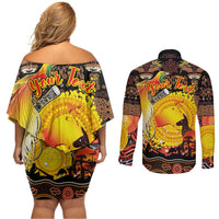 Personalized Australia and Papua New Guinea Together Couples Matching Off Shoulder Short Dress and Long Sleeve Button Shirt Kangaroo Aboriginal Art and Bird-of-paradise Oro Tribal Motifs - Polynesian Pride