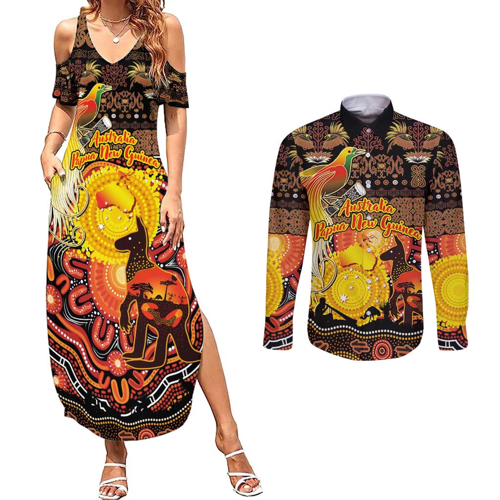 Personalized Australia and Papua New Guinea Together Couples Matching Summer Maxi Dress and Long Sleeve Button Shirt Kangaroo Aboriginal Art and Bird-of-paradise Oro Tribal Motifs - Polynesian Pride