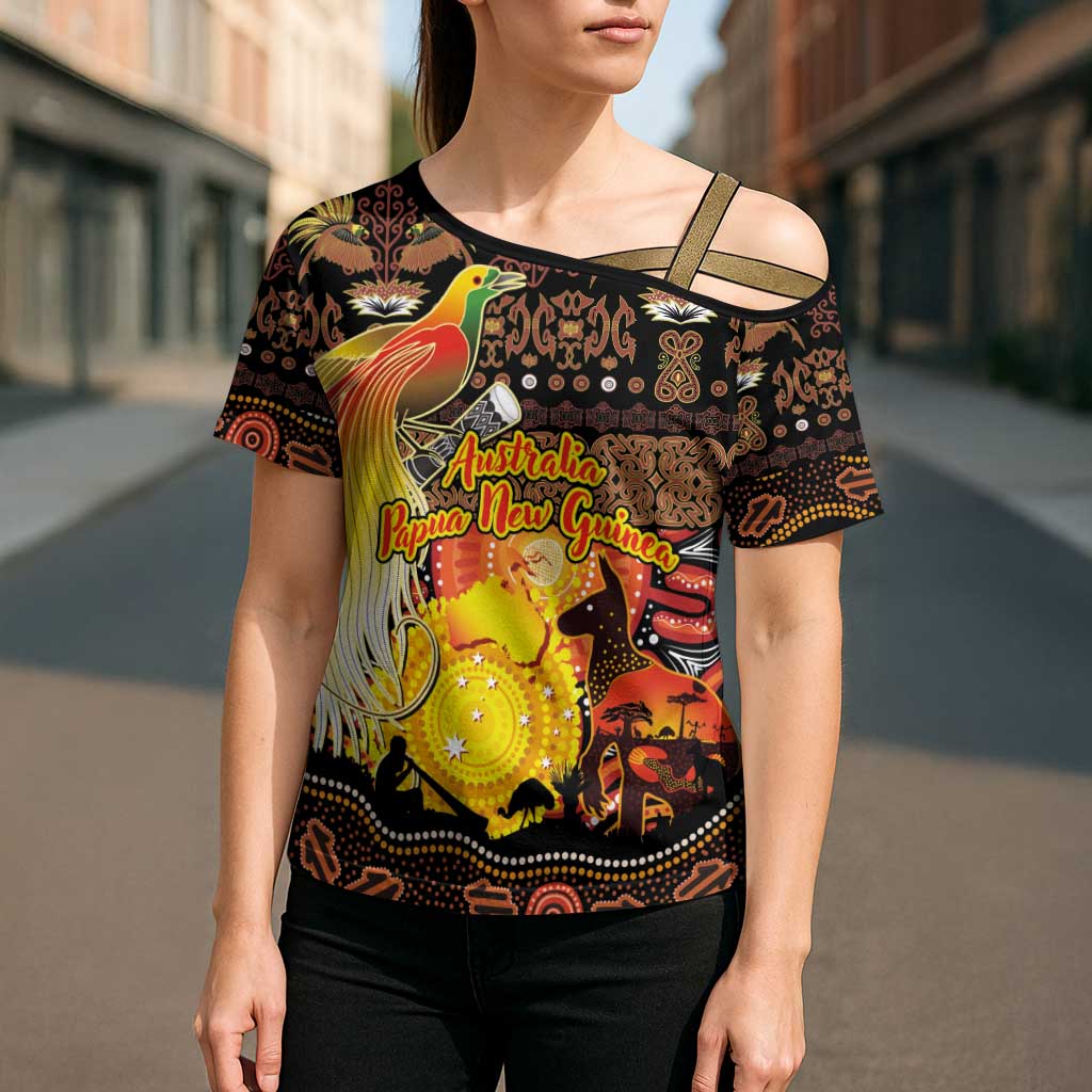 Personalized Australia and Papua New Guinea Together Cross Shoulder Shirt Kangaroo Aboriginal Art and Bird-of-paradise Oro Tribal Motifs - Polynesian Pride