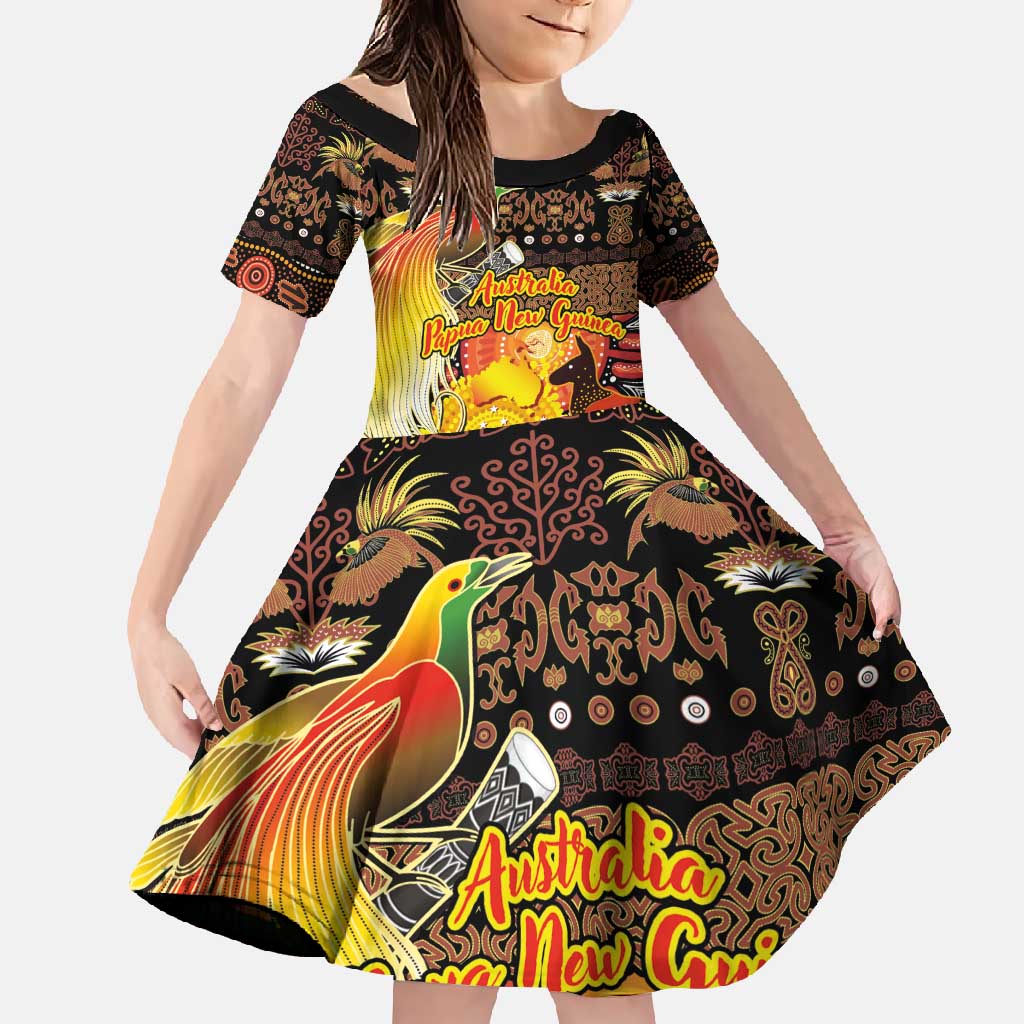 Personalized Australia and Papua New Guinea Together Family Matching Long Sleeve Bodycon Dress and Hawaiian Shirt Kangaroo Aboriginal Art and Bird-of-paradise Oro Tribal Motifs - Polynesian Pride