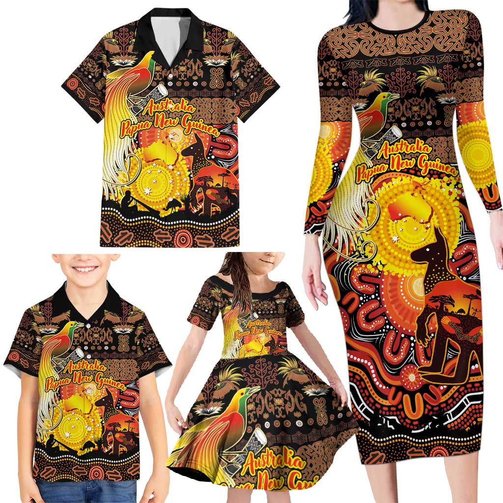 Personalized Australia and Papua New Guinea Together Family Matching Long Sleeve Bodycon Dress and Hawaiian Shirt Kangaroo Aboriginal Art and Bird-of-paradise Oro Tribal Motifs - Polynesian Pride