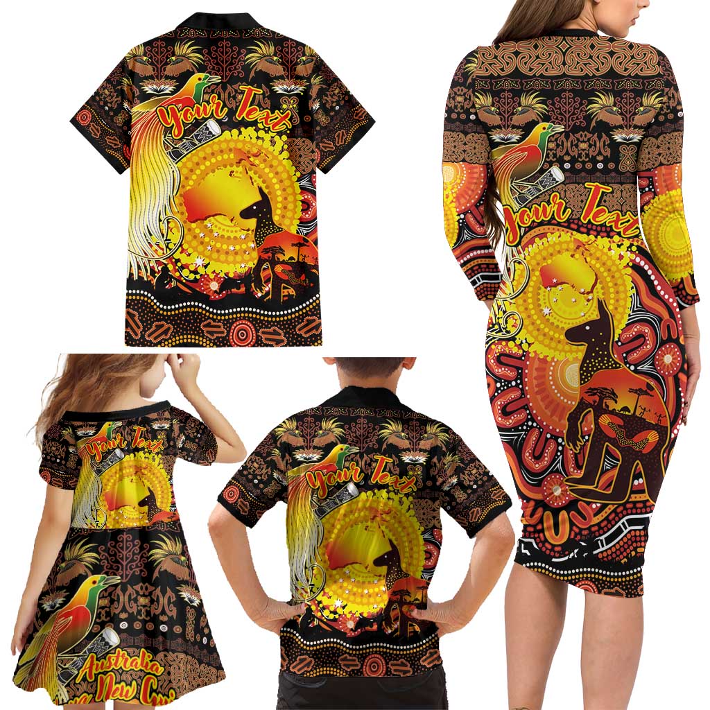 Personalized Australia and Papua New Guinea Together Family Matching Long Sleeve Bodycon Dress and Hawaiian Shirt Kangaroo Aboriginal Art and Bird-of-paradise Oro Tribal Motifs - Polynesian Pride