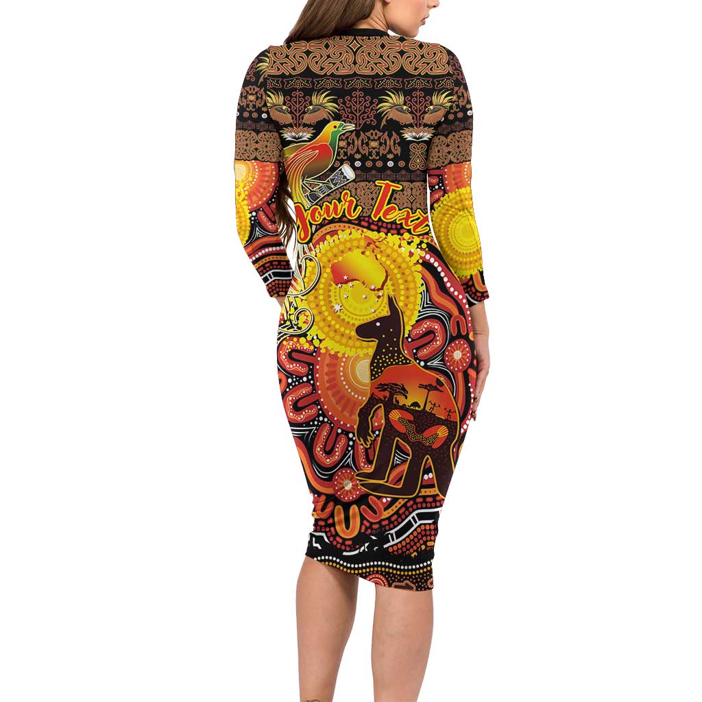 Personalized Australia and Papua New Guinea Together Family Matching Long Sleeve Bodycon Dress and Hawaiian Shirt Kangaroo Aboriginal Art and Bird-of-paradise Oro Tribal Motifs - Polynesian Pride