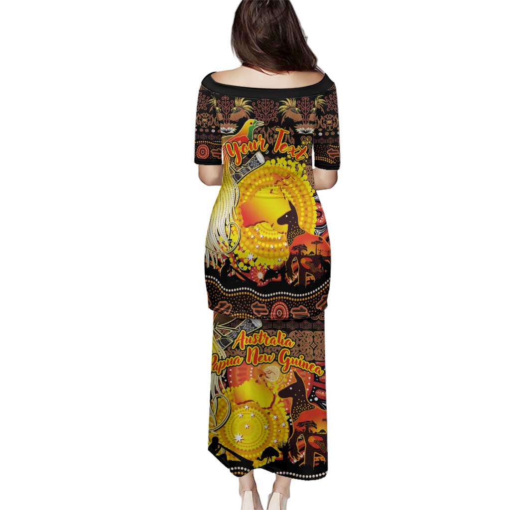 Personalized Australia and Papua New Guinea Together Family Matching Puletasi and Hawaiian Shirt Kangaroo Aboriginal Art and Bird-of-paradise Oro Tribal Motifs - Polynesian Pride