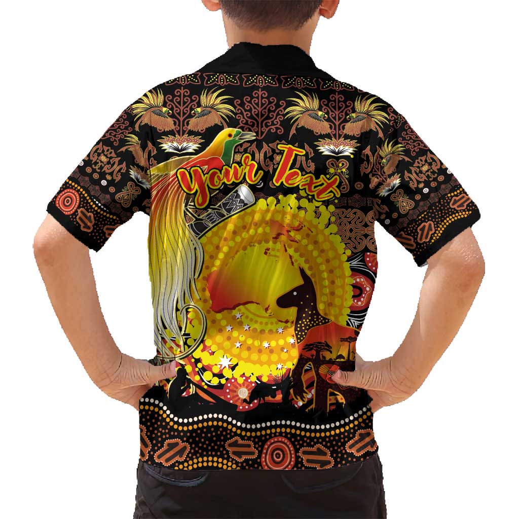 Personalized Australia and Papua New Guinea Together Family Matching Tank Maxi Dress and Hawaiian Shirt Kangaroo Aboriginal Art and Bird-of-paradise Oro Tribal Motifs - Polynesian Pride