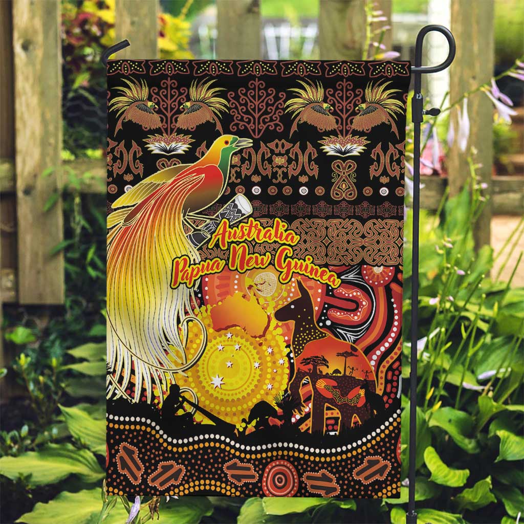 Australia and Papua New Guinea Together Garden Flag Kangaroo Aboriginal Art and Bird-of-paradise Oro Tribal Motifs LT03 Garden Flag Black - Polynesian Pride