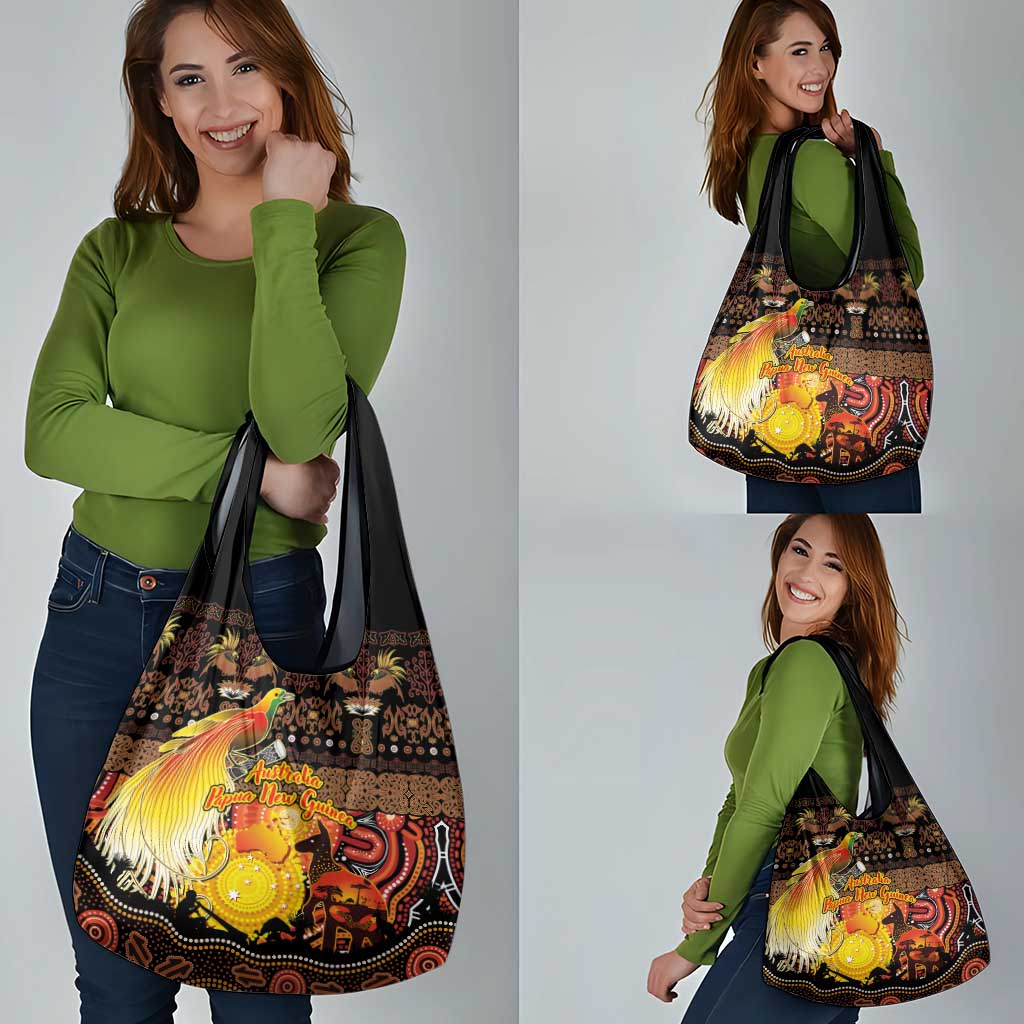 Australia and Papua New Guinea Together Grocery Bag Kangaroo Aboriginal Art and Bird-of-paradise Oro Tribal Motifs LT03 - Polynesian Pride