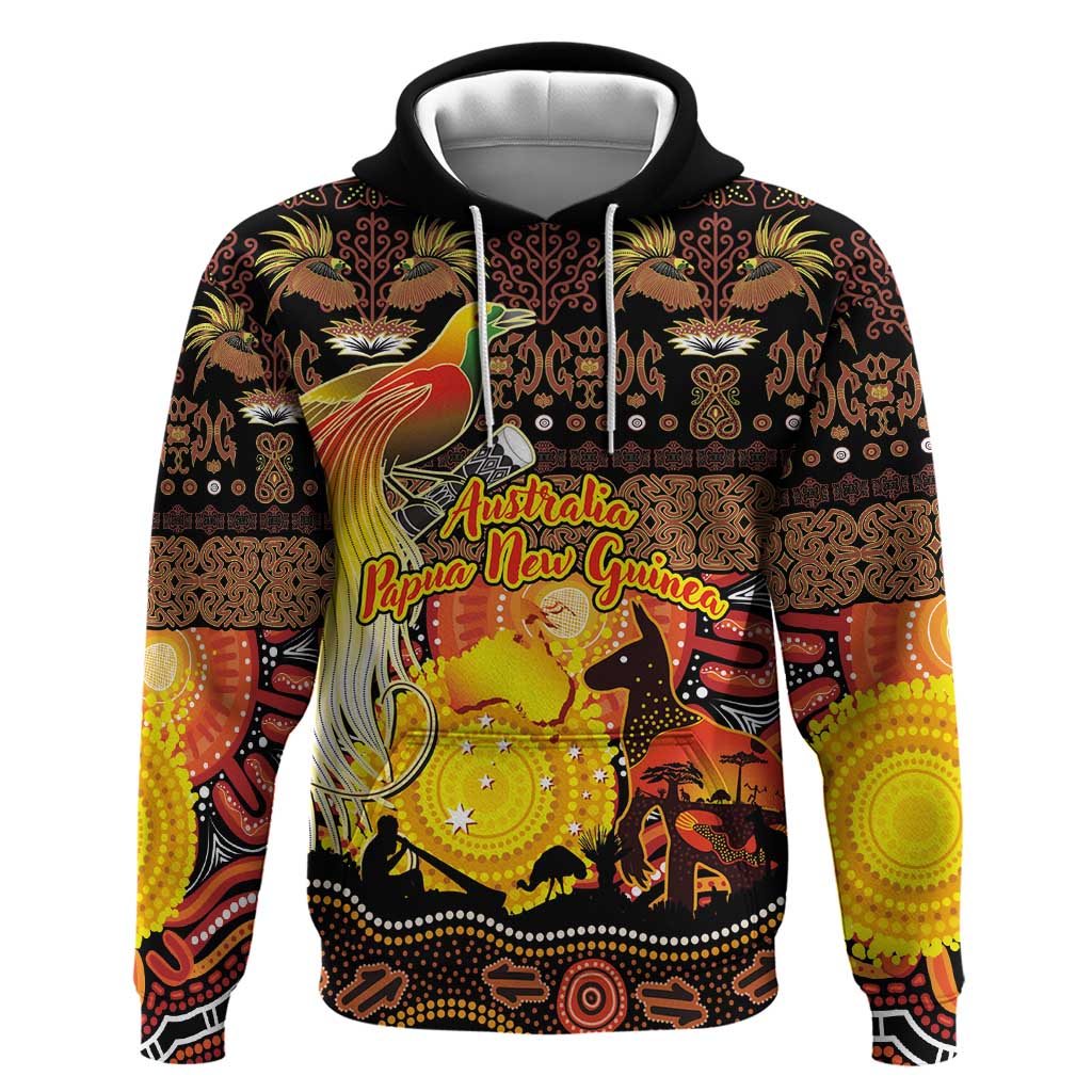 Personalized Australia and Papua New Guinea Together Hoodie Kangaroo Aboriginal Art and Bird-of-paradise Oro Tribal Motifs LT03 Pullover Hoodie Black - Polynesian Pride