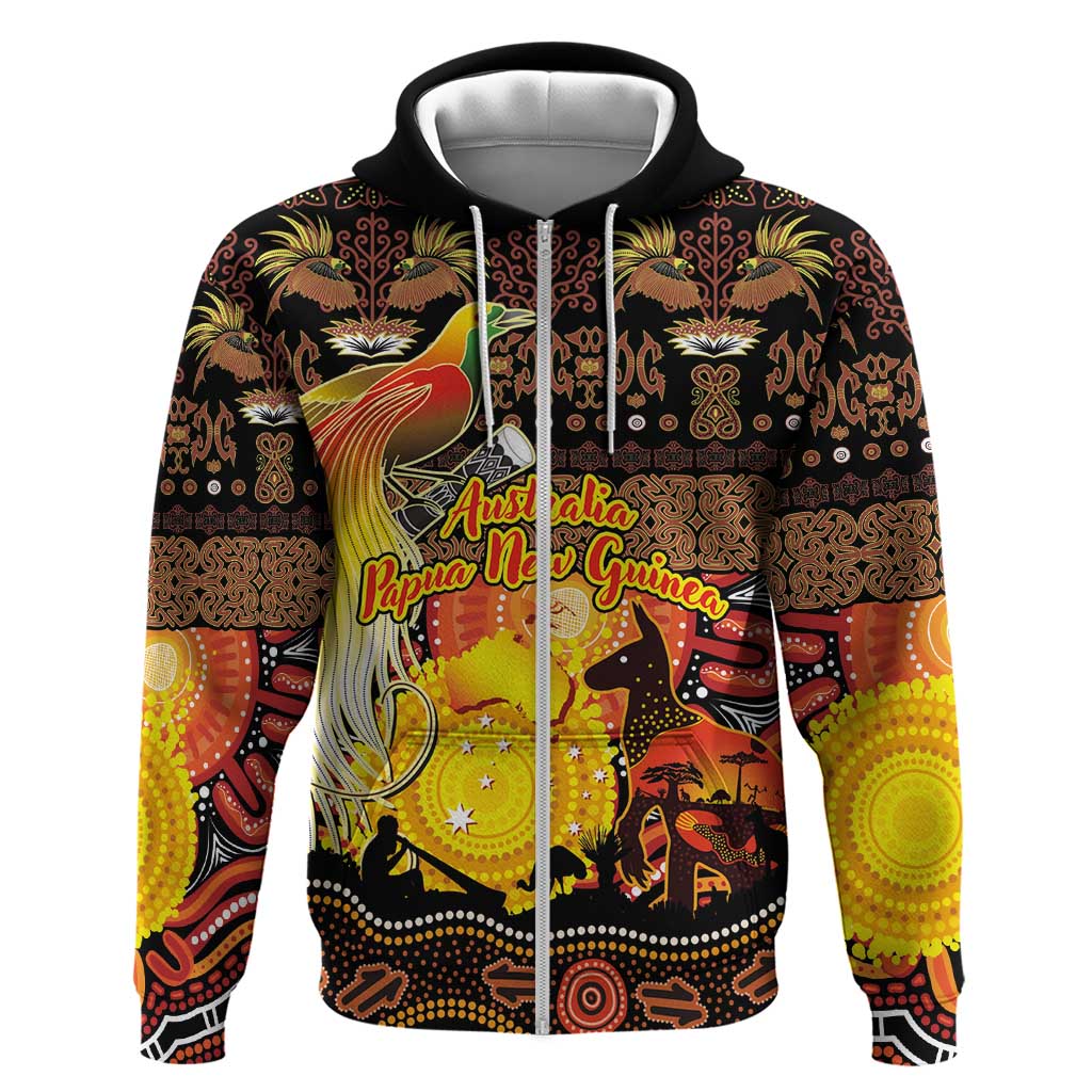 Personalized Australia and Papua New Guinea Together Hoodie Kangaroo Aboriginal Art and Bird-of-paradise Oro Tribal Motifs LT03 Zip Hoodie Black - Polynesian Pride