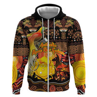 Personalized Australia and Papua New Guinea Together Hoodie Kangaroo Aboriginal Art and Bird-of-paradise Oro Tribal Motifs LT03 Zip Hoodie Black - Polynesian Pride