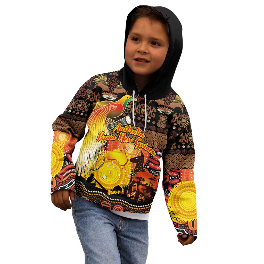 Personalized Australia and Papua New Guinea Together Kid Hoodie Kangaroo Aboriginal Art and Bird-of-paradise Oro Tribal Motifs LT03 - Polynesian Pride