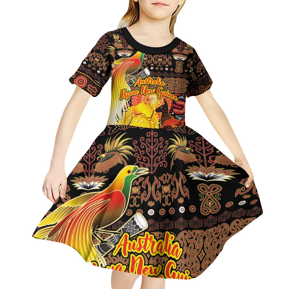 Personalized Australia and Papua New Guinea Together Kid Short Sleeve Dress Kangaroo Aboriginal Art and Bird-of-paradise Oro Tribal Motifs LT03 - Polynesian Pride