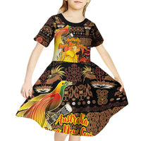 Personalized Australia and Papua New Guinea Together Kid Short Sleeve Dress Kangaroo Aboriginal Art and Bird-of-paradise Oro Tribal Motifs LT03 - Polynesian Pride